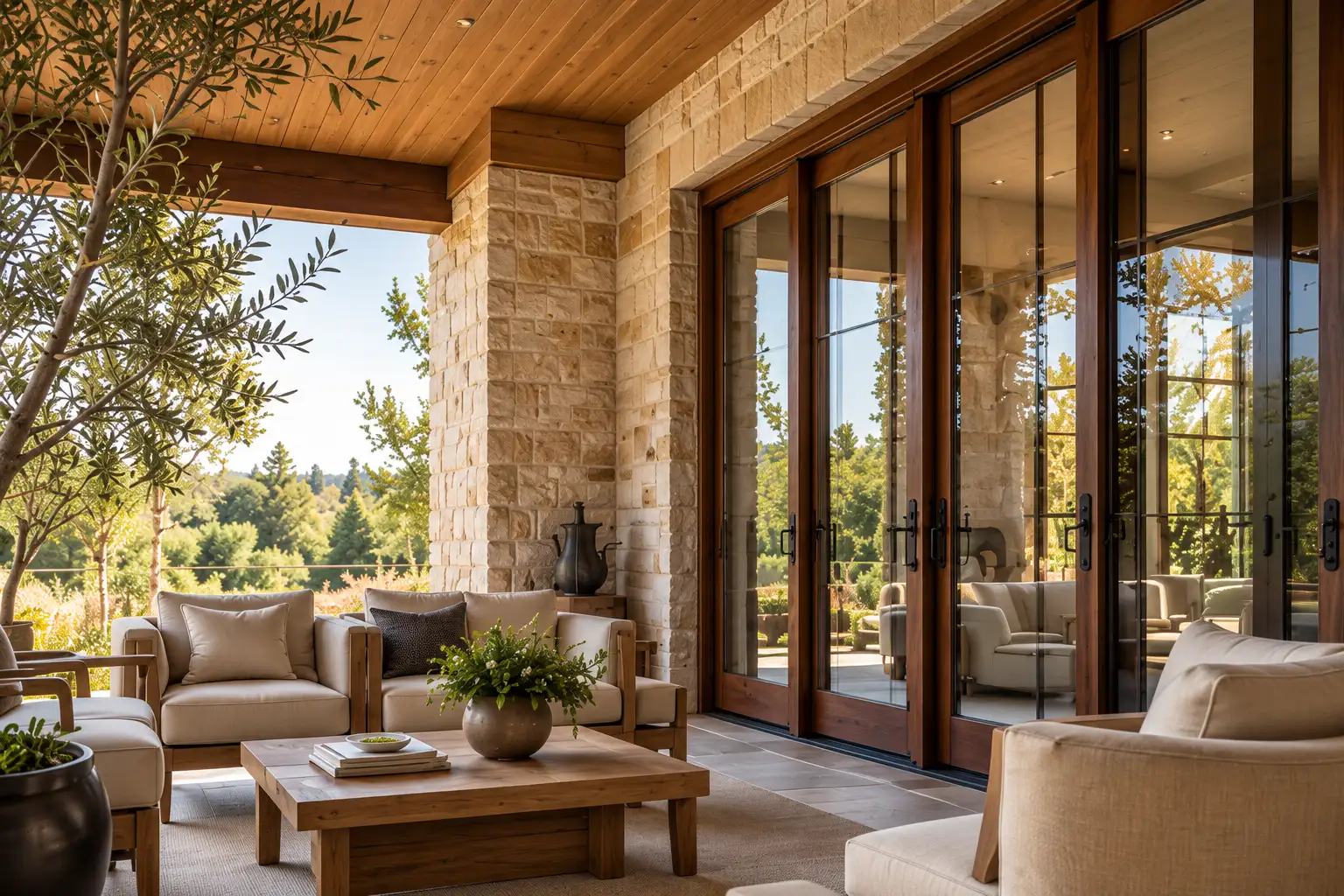 Rustic outdoor living area with custom wood patio doors